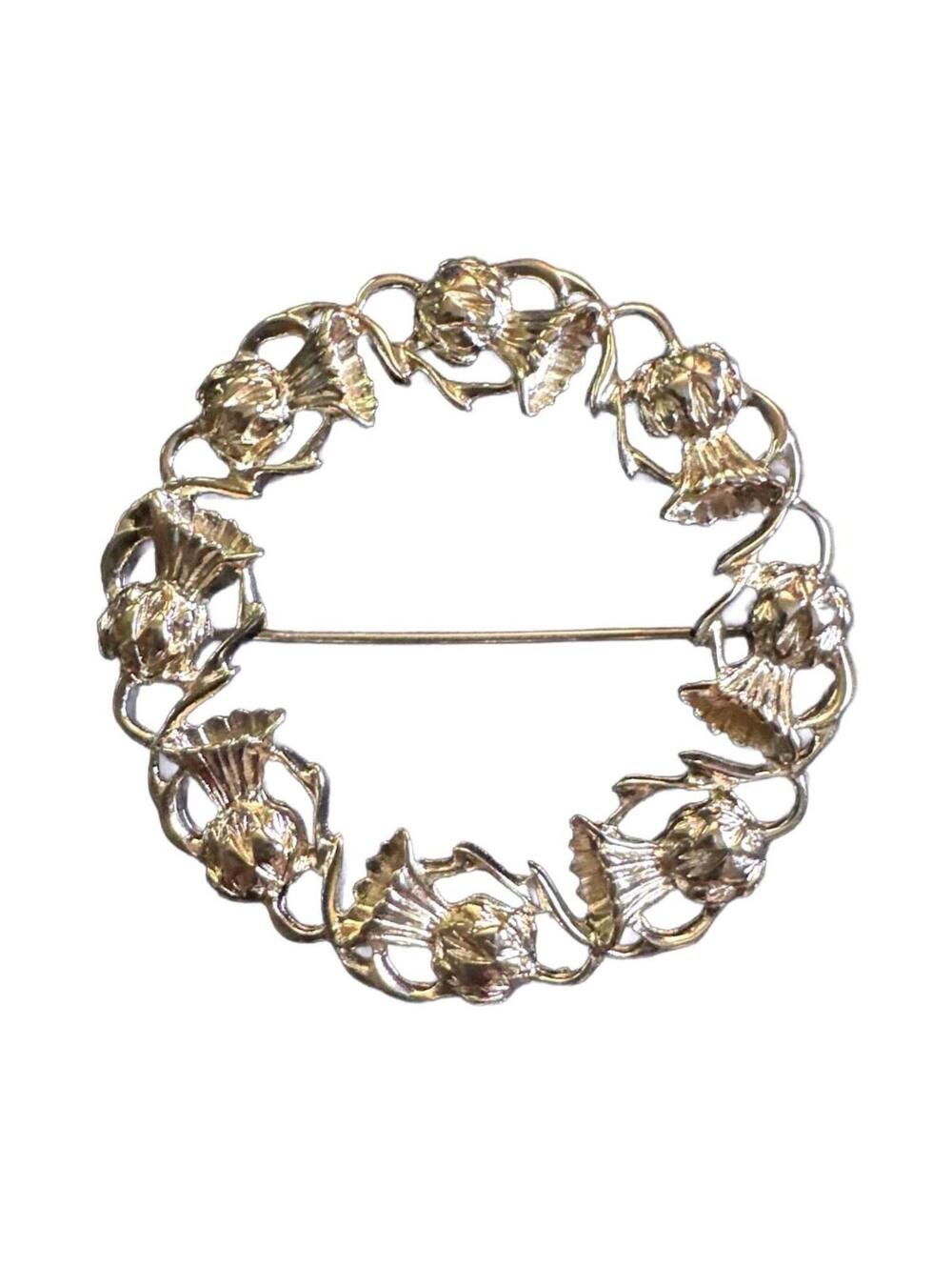 Celtic Gold-tone Scottish Thistle Themed Wreath Brooch